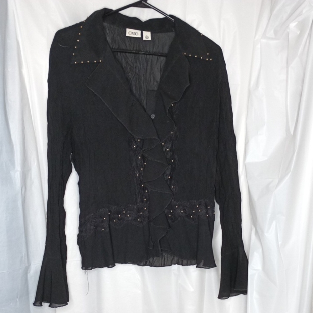 Cato Black Ruffled Blouse with Stud Accents